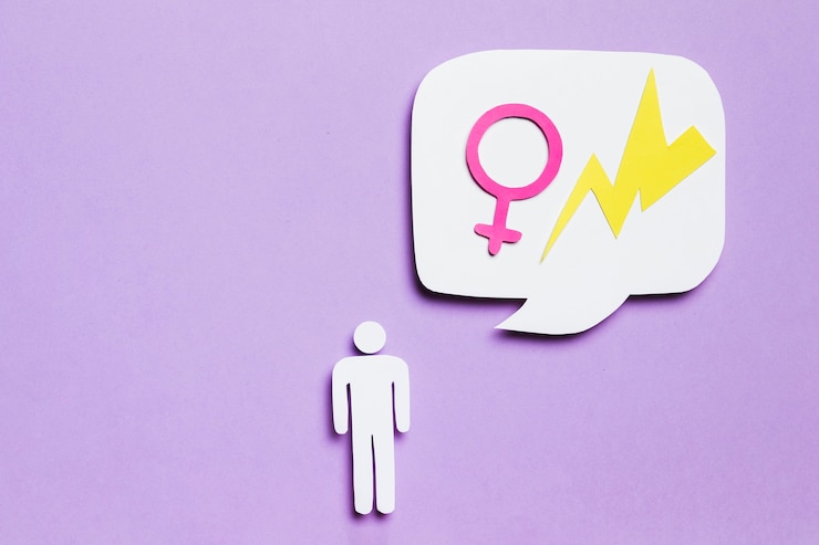 Foto gratuito hombre de cartón pensando en mujeres y poder