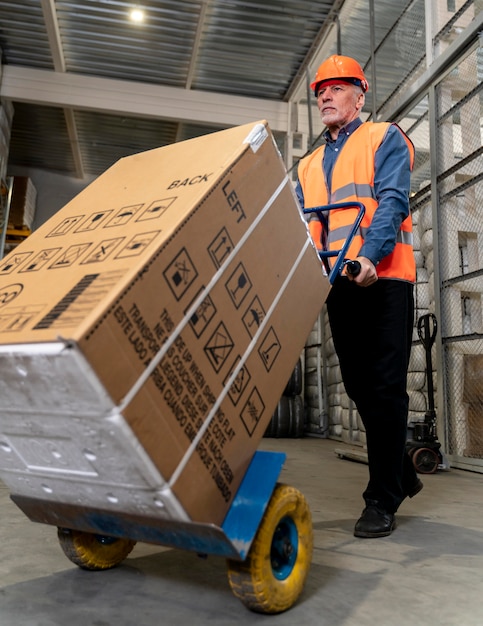 Foto gratuita hombre con casco llevando cajas