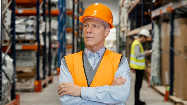 Hombre con casco trabajando logística