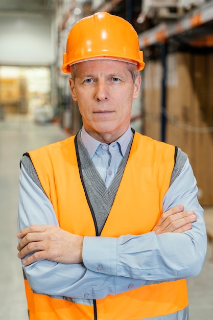 Hombre con casco trabajando logística