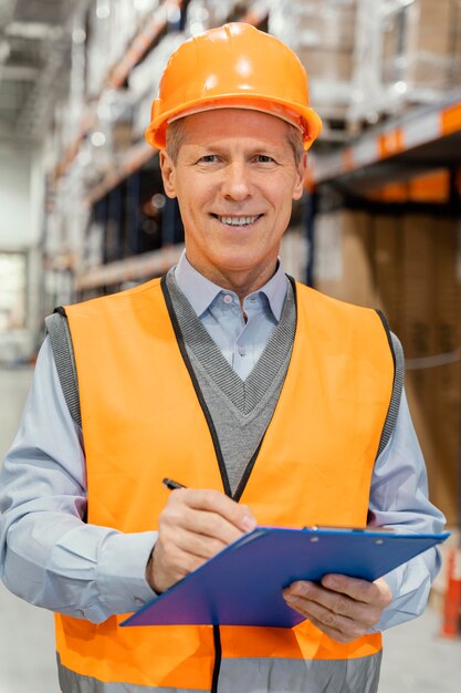 Hombre con casco trabajando logística