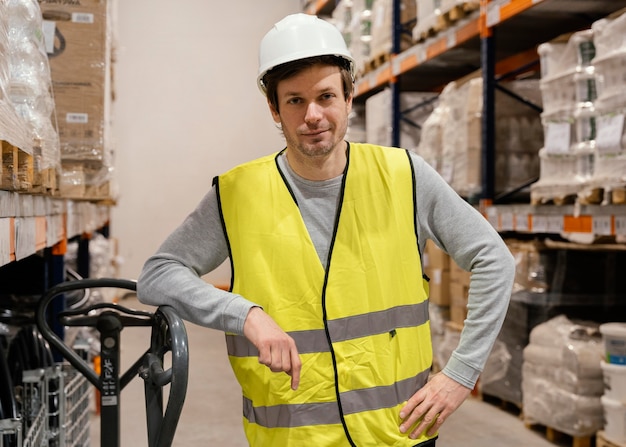 Hombre con casco trabajando logística