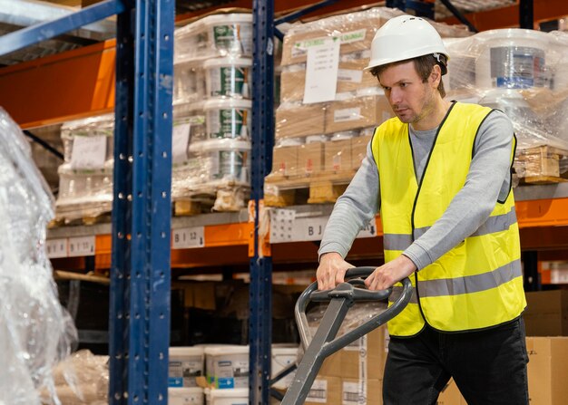 Hombre con casco trabajando logística