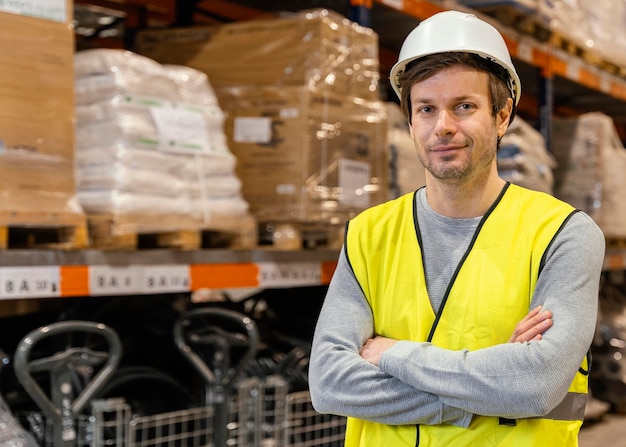 Hombre con casco trabajando logística