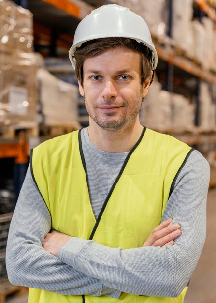 Hombre con casco trabajando logística