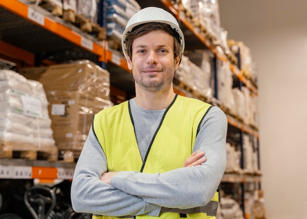 Foto gratuita hombre con casco trabajando logística