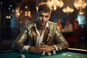 Foto gratuita hombre en el casino jugando en la mesa estilo glamoroso