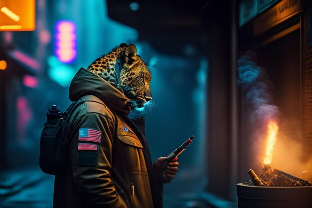 Un hombre con una chaqueta con una máscara de leopardo se para frente a un edificio iluminado