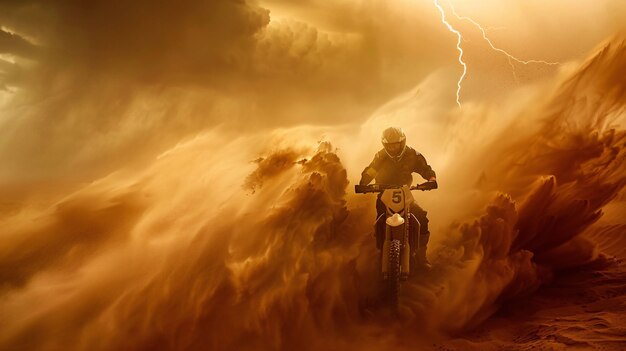 Hombre compitiendo en moto de tierra en un entorno de fantasía