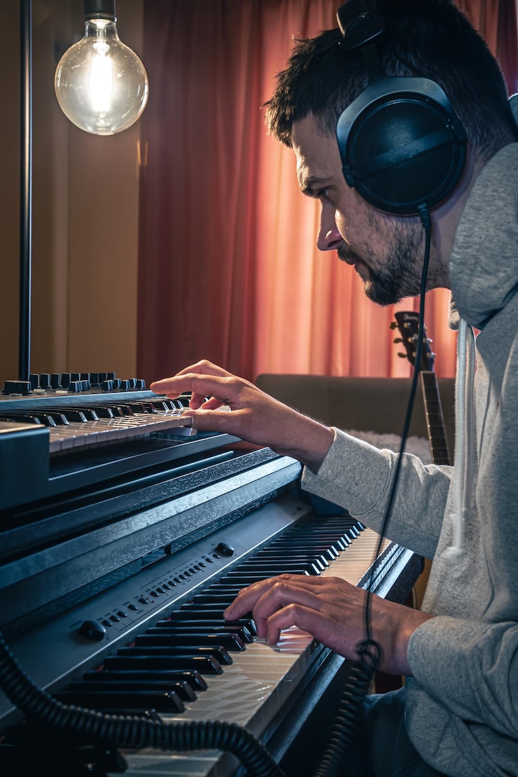Foto gratuito un hombre compositor productor arreglista compositor músico manos arreglando música