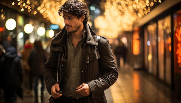 Foto gratuita un hombre confiado con ropa casual caminando por la ciudad generado por inteligencia artificial