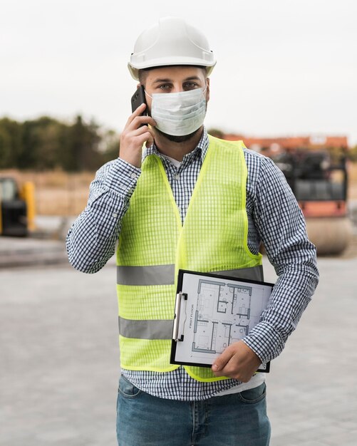 Hombre constructor de vista frontal hablando por teléfono