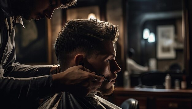 Un hombre cortándose el pelo en una barbería