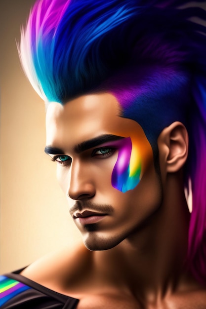 Foto gratuita un hombre con un corte de pelo de arco iris y un corte de pelo de arco iris