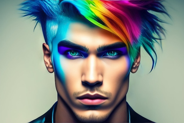 Foto gratuita un hombre con un corte de pelo de arco iris y un corte de pelo de arco iris