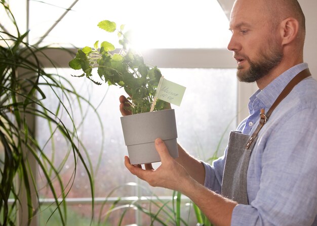 Hombre creciendo y cultivando plantas en interiores.