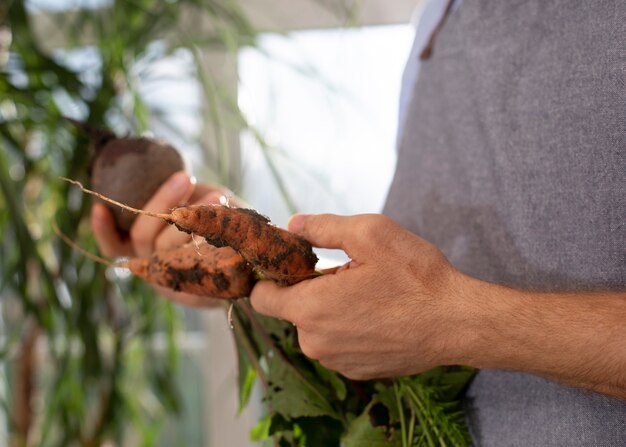 Hombre cultivando verduras en su jardín interior