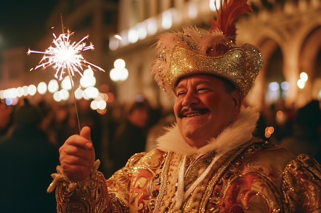 Foto gratuita hombre disfrutando del carnaval de venecia con una llamarada