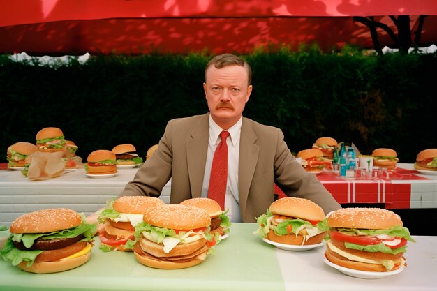 Hombre disfrutando de una comida de hamburguesa