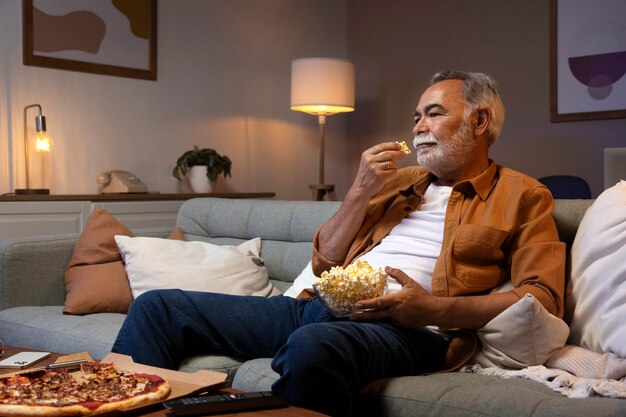 Hombre disfrutando de la comida mientras está solo en casa y ve la televisión