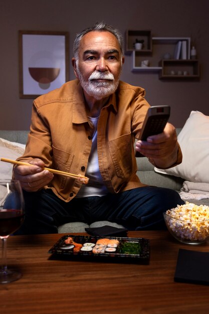 Hombre disfrutando de la comida mientras está solo en casa y ve la televisión