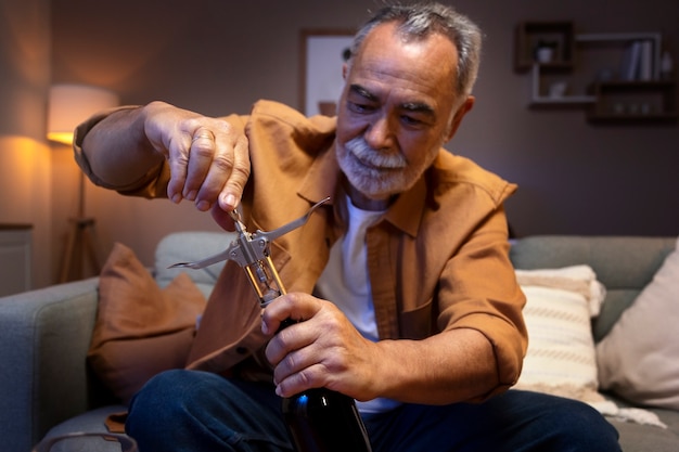 Hombre disfrutando del vino mientras está solo en casa