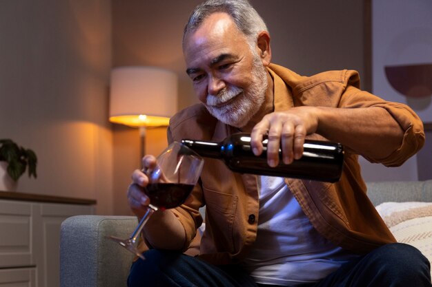 Hombre disfrutando del vino mientras está solo en casa