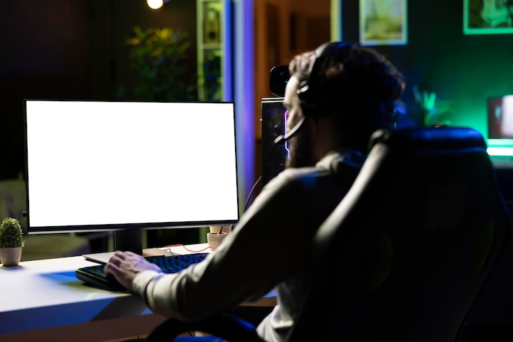 Foto gratuito hombre divirtiéndose usando un monitor de computadora de pantalla aislada para jugar