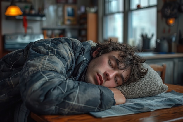 Foto gratuita hombre durmiendo en una mesa de madera