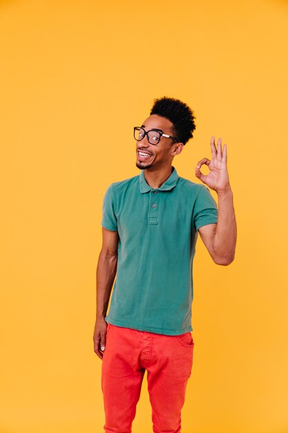 Hombre emocionado con peinado divertido posando con signo bien. Filmación en interiores de chico africano emocional con gafas y camiseta verde.