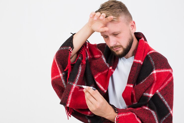 Foto gratuito hombre enfermo con termómetro