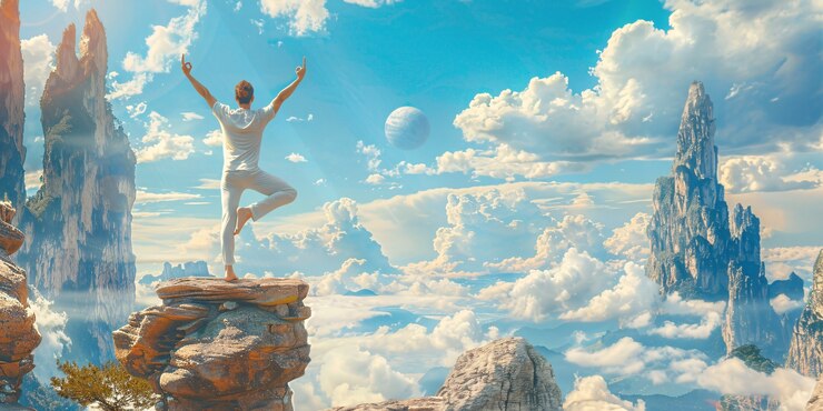 Foto gratuito hombre en un entorno de fantasía practicando yoga y meditación consciente