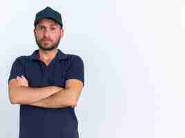 Foto gratuita hombre de entrega caucásico joven dudoso en uniforme azul y gorra de pie con postura cerrada mirando a cámara aislada en la pared blanca con espacio de copia