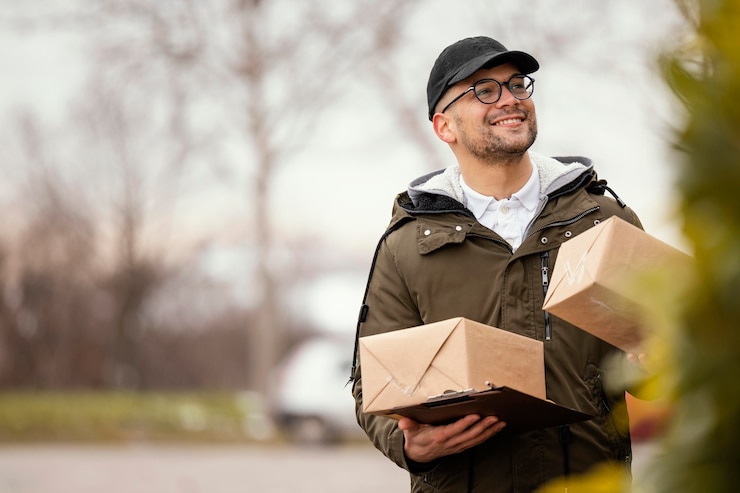 Foto gratuito hombre de entrega con paquetes