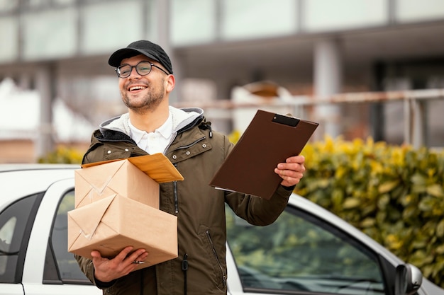 Foto gratuita hombre de entrega con paquetes