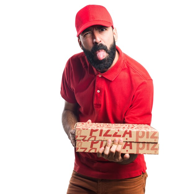 Foto gratuita hombre de entrega de pizza haciendo una broma
