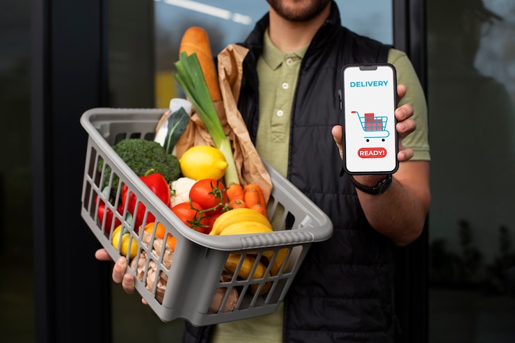 Foto gratuito hombre entregando comestibles a los clientes