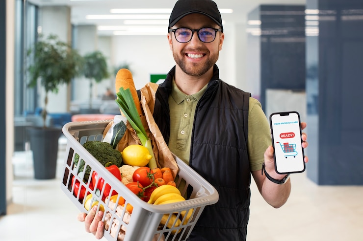 Foto gratuito hombre entregando comestibles a los clientes