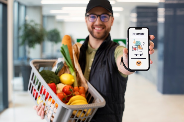 Foto gratuito hombre entregando comestibles a los clientes