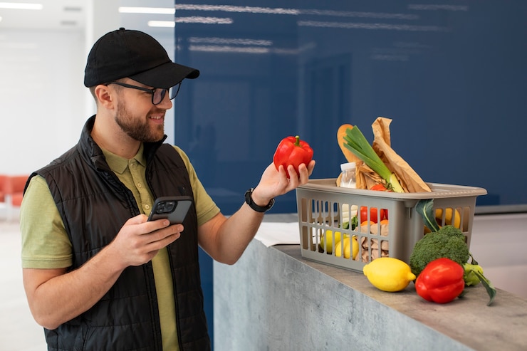 Foto gratuito hombre entregando comestibles a los clientes