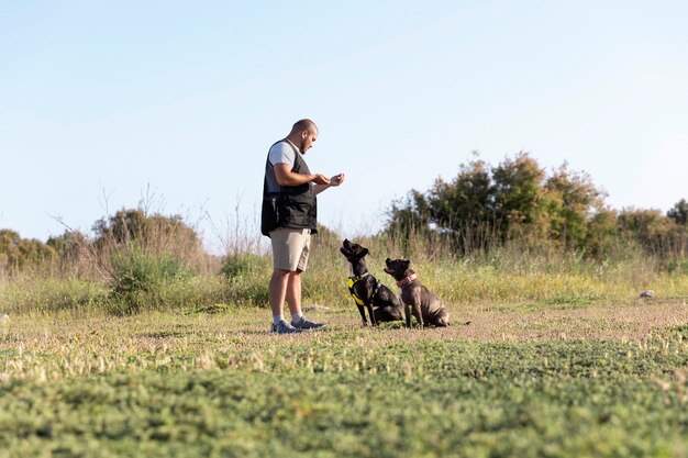 Hombre entrenando a sus dos perros al aire libre
