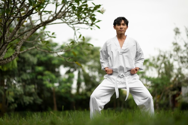 Foto gratuita hombre entrenando en taekwondo al aire libre en la naturaleza