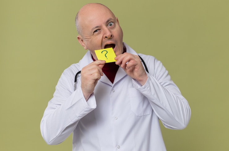 Foto gratuito hombre eslavo adulto sorprendido en uniforme médico con estetoscopio con nota de pregunta