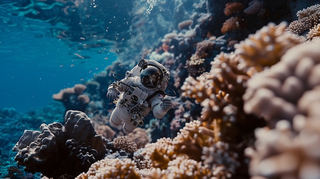 Foto gratuita el hombre del espacio buceando en el océano