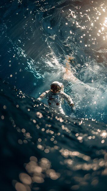 El hombre del espacio buceando en el océano