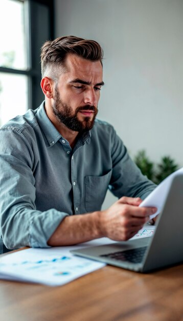 Un hombre está mirando una computadora portátil y está mirando un papel que dice "no".