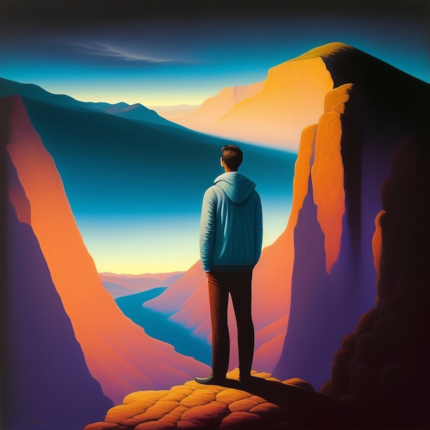 Un hombre está parado en un acantilado mirando un valle.