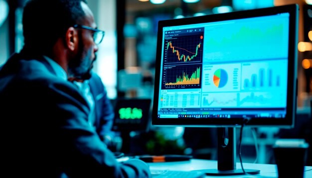 Un hombre está trabajando en una computadora con un gráfico en la pantalla.