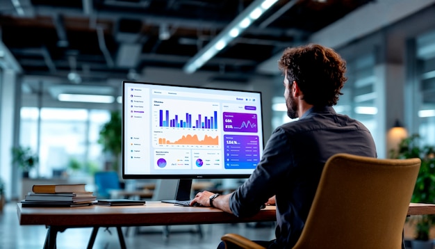 Un hombre está trabajando en una computadora con un gráfico en la pantalla.