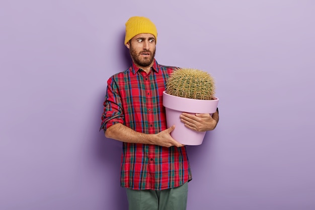 Hombre europeo avergonzado sostiene una olla con cactus, vestido con ropa casual, tiene expresión facial infeliz